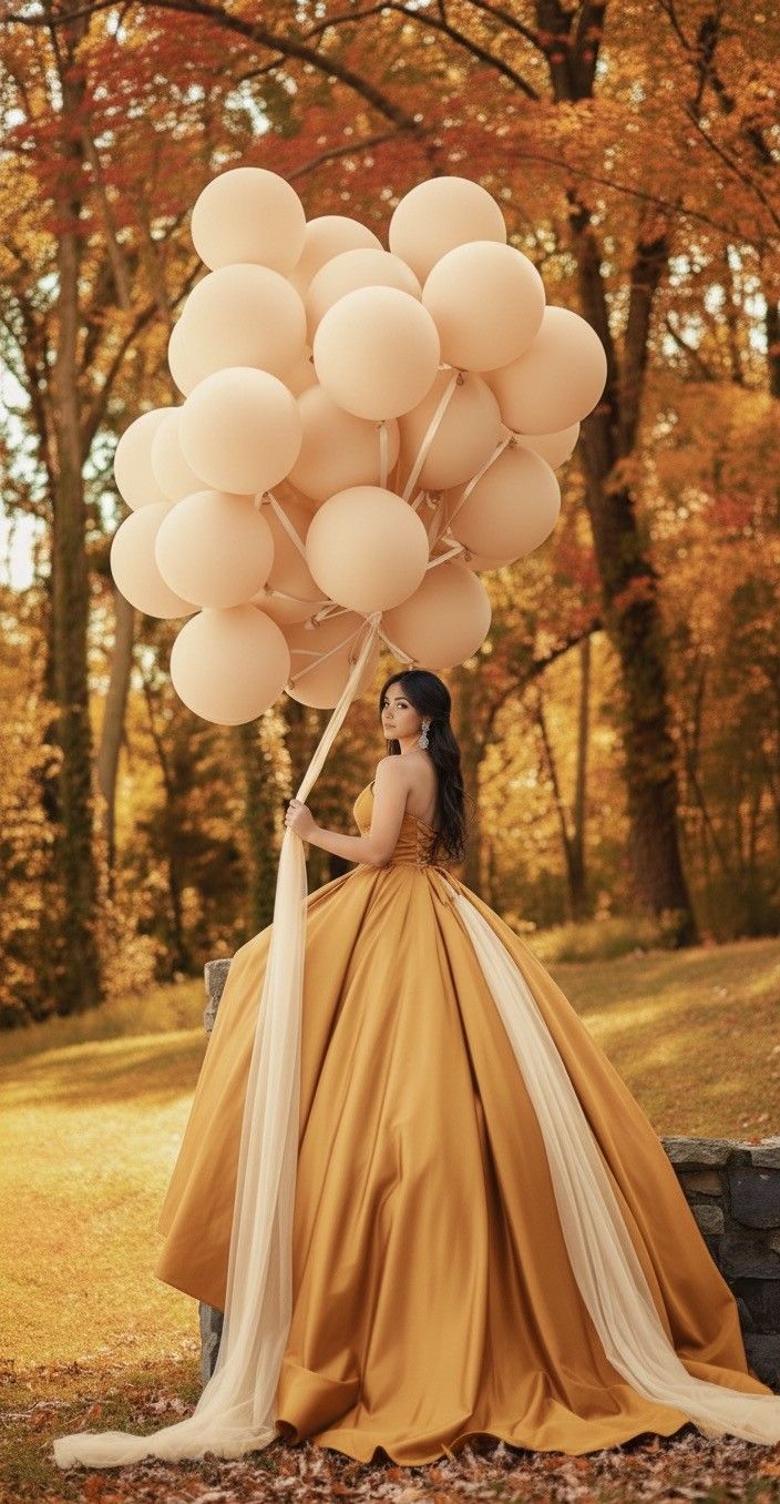 Woman in golden ball gown holding large bunch of cream balloons in an autumn forest setting.