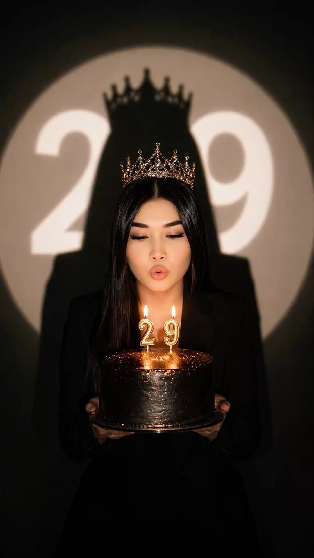 Woman wearing a crown blows out 29 candles on a dark birthday cake, celebrating her 29th birthday.