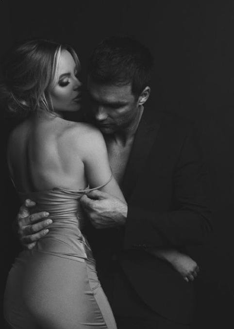 Intimate black and white artistic photo series showing tender moments between a couple in romantic lighting.