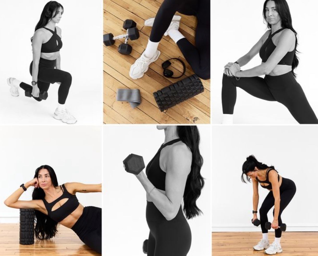 Black and white collage of fit woman exercising with dumbbells and foam roller in workout attire.