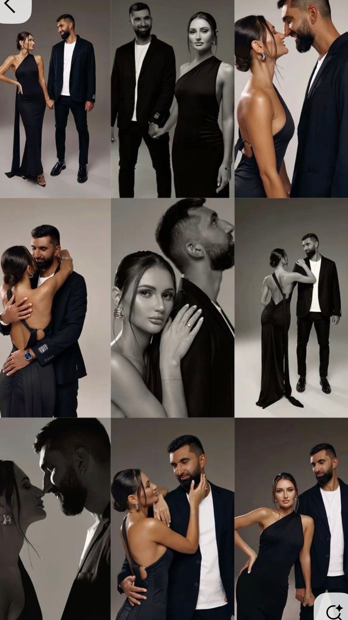 A stylish couple poses in matching black outfits across multiple elegant studio shots showcasing fashion and romance.