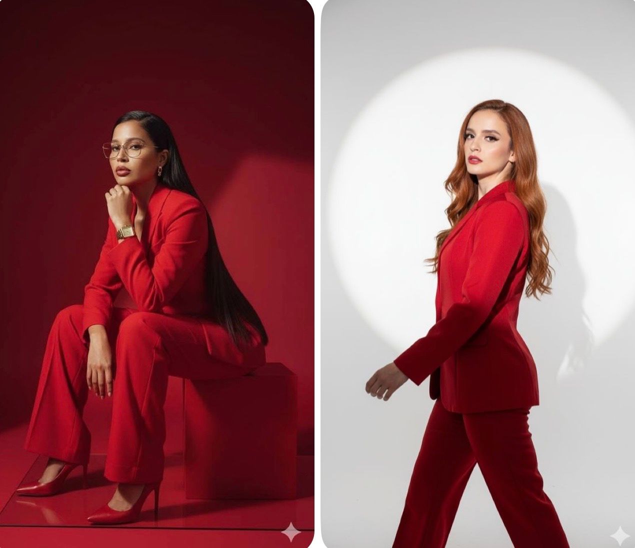 Two women in matching red pantsuits pose confidently, one seated and one walking, against red and white backgrounds.