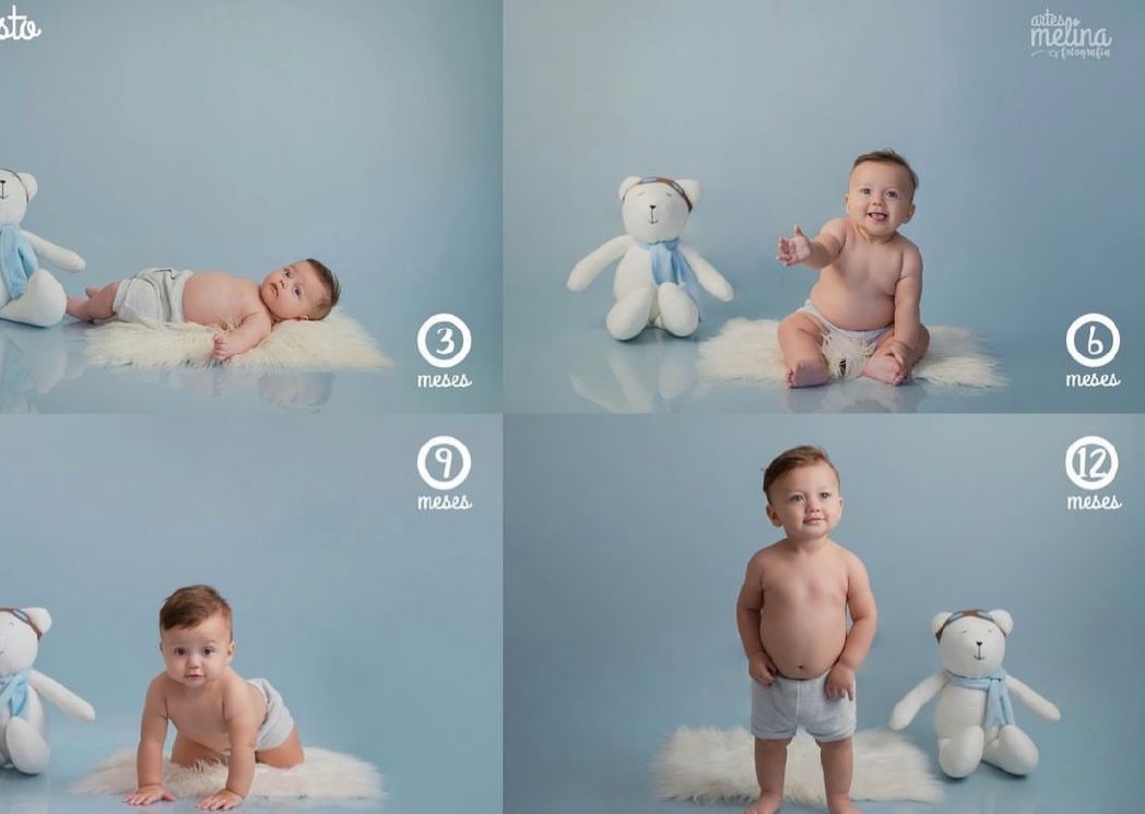 Four progress photos showing a baby growing up with a stuffed bunny toy against a blue background.