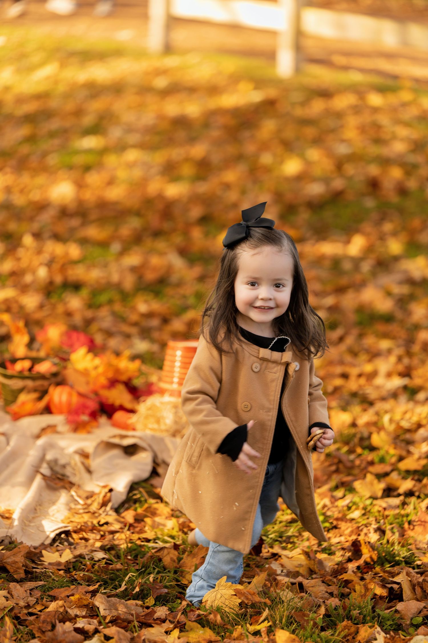 A smiling toddler girl in a tan coat and black bow stands among fallen autumn leaves in a park.