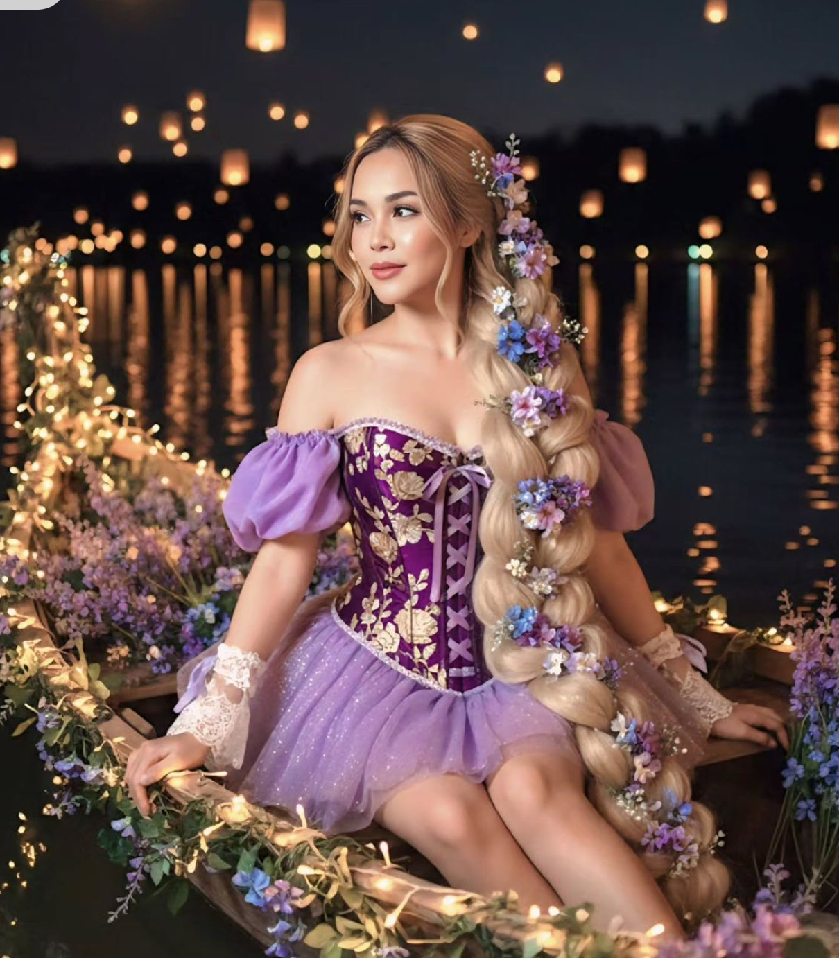 Woman dressed as Rapunzel in purple corset gown with long braided hair, sitting in a boat surrounded by glowing lanterns.