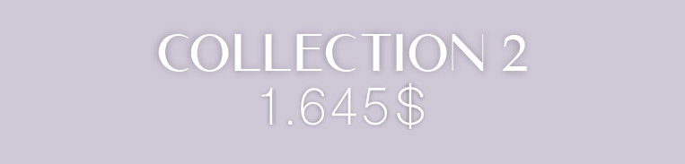 Soft lavender banner displaying the text Collection 2 with a price of 1.645$ in elegant white lettering.