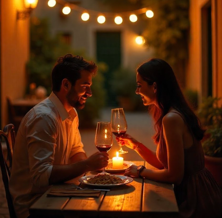 Romantic dinner setting with candlelight and wine glasses creating an intimate ambiance at an outdoor restaurant.