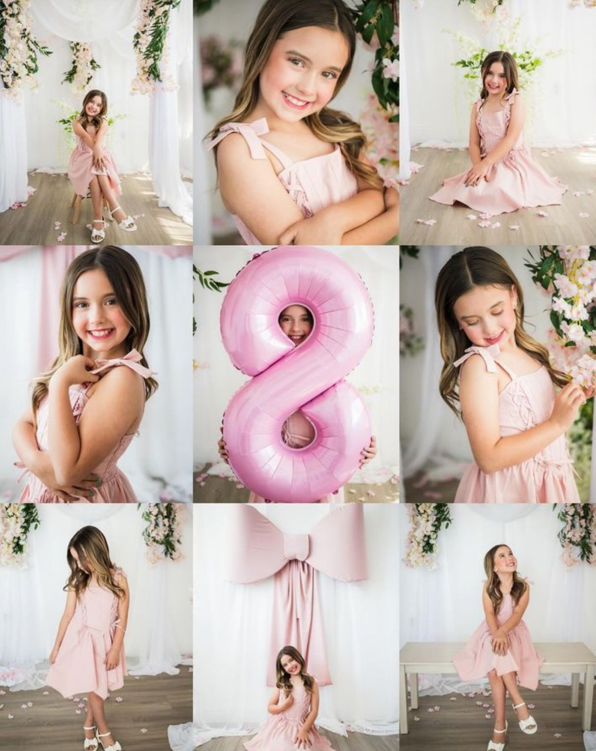 A young girl in a pink dress poses for 8th birthday photos with a pink number 8 balloon in a floral studio setting.