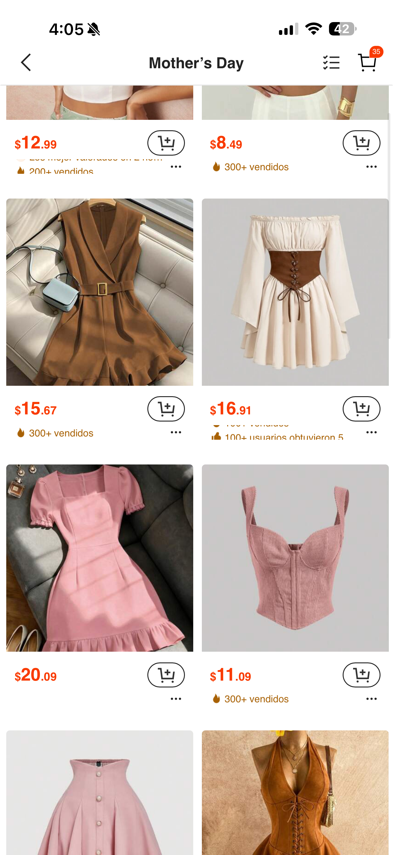 Six women's fashion items displayed on a shopping app, including brown wrap dress, cream corset top, pink mini dress, and brown bustier.