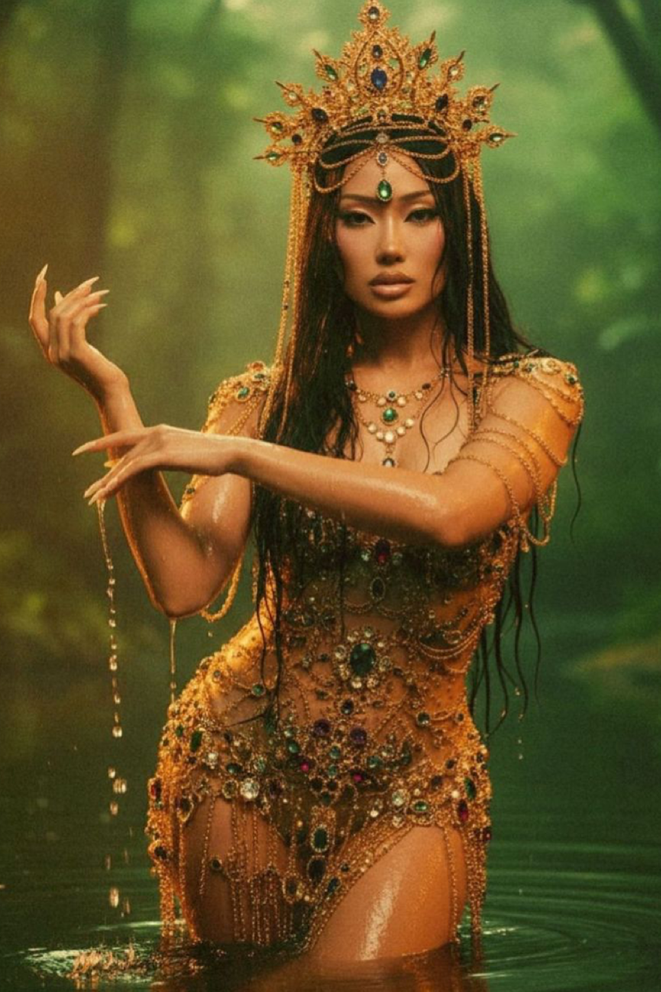 A jewel-adorned woman in golden regalia and crown poses gracefully in water with a lush green forest backdrop.