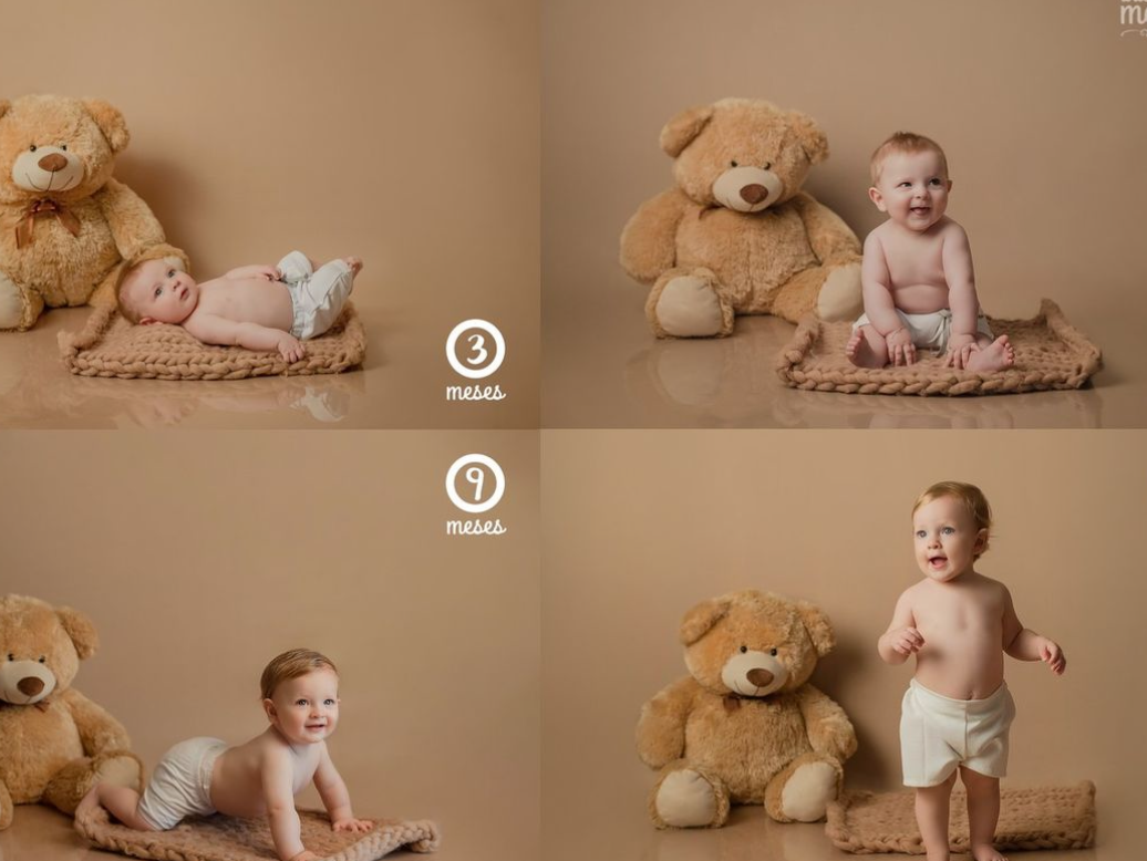 Four photos showing a baby’s growth milestones at 3 and 9 months, posed with a large teddy bear on a beige backdrop.