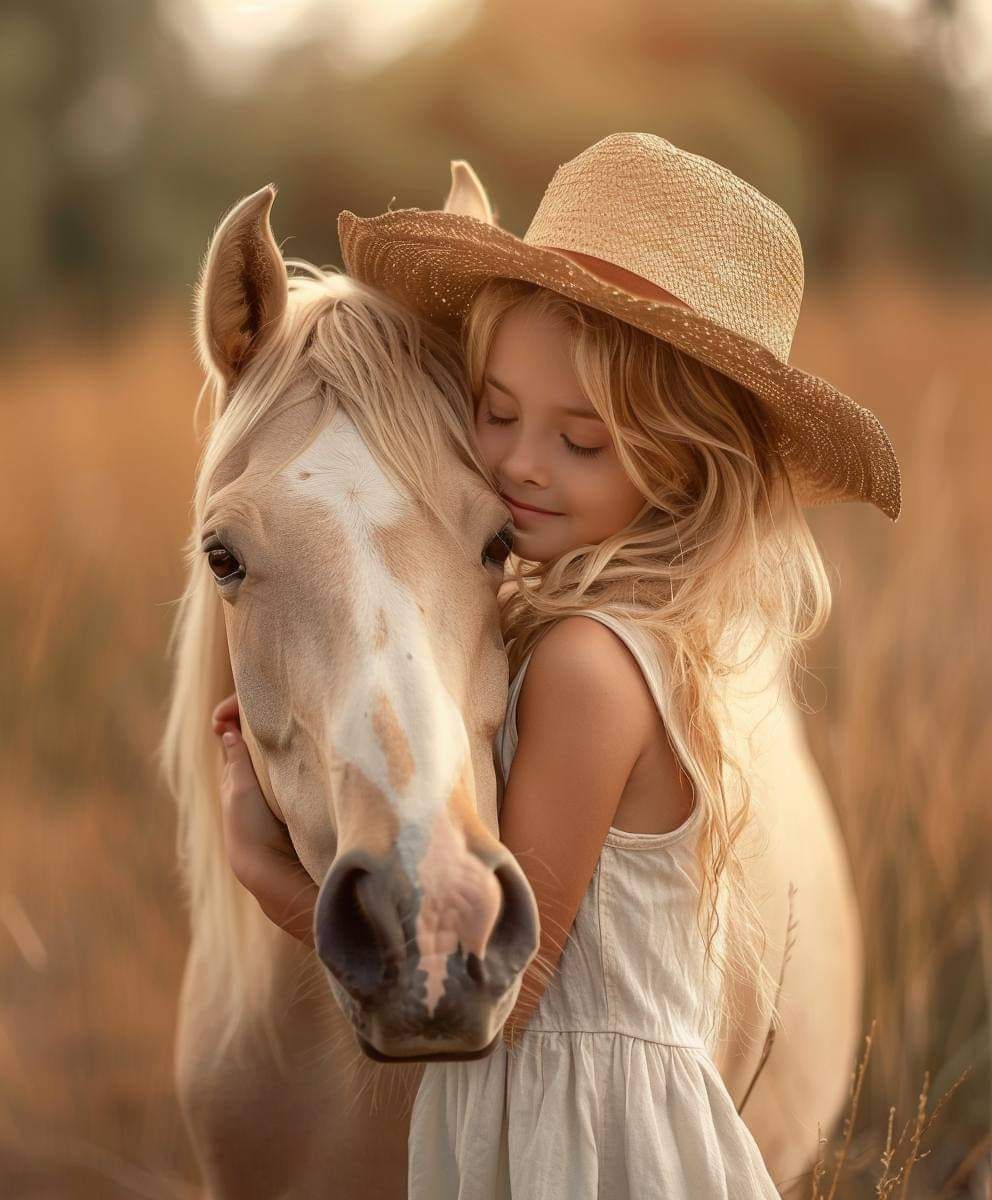 A young girl in a straw hat and white dress tenderly embraces a white horse in a golden sunlit field.