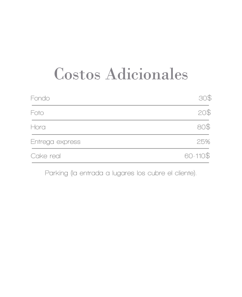 Price list for additional photography services including background, photo, hour, express delivery, and cake smash options.