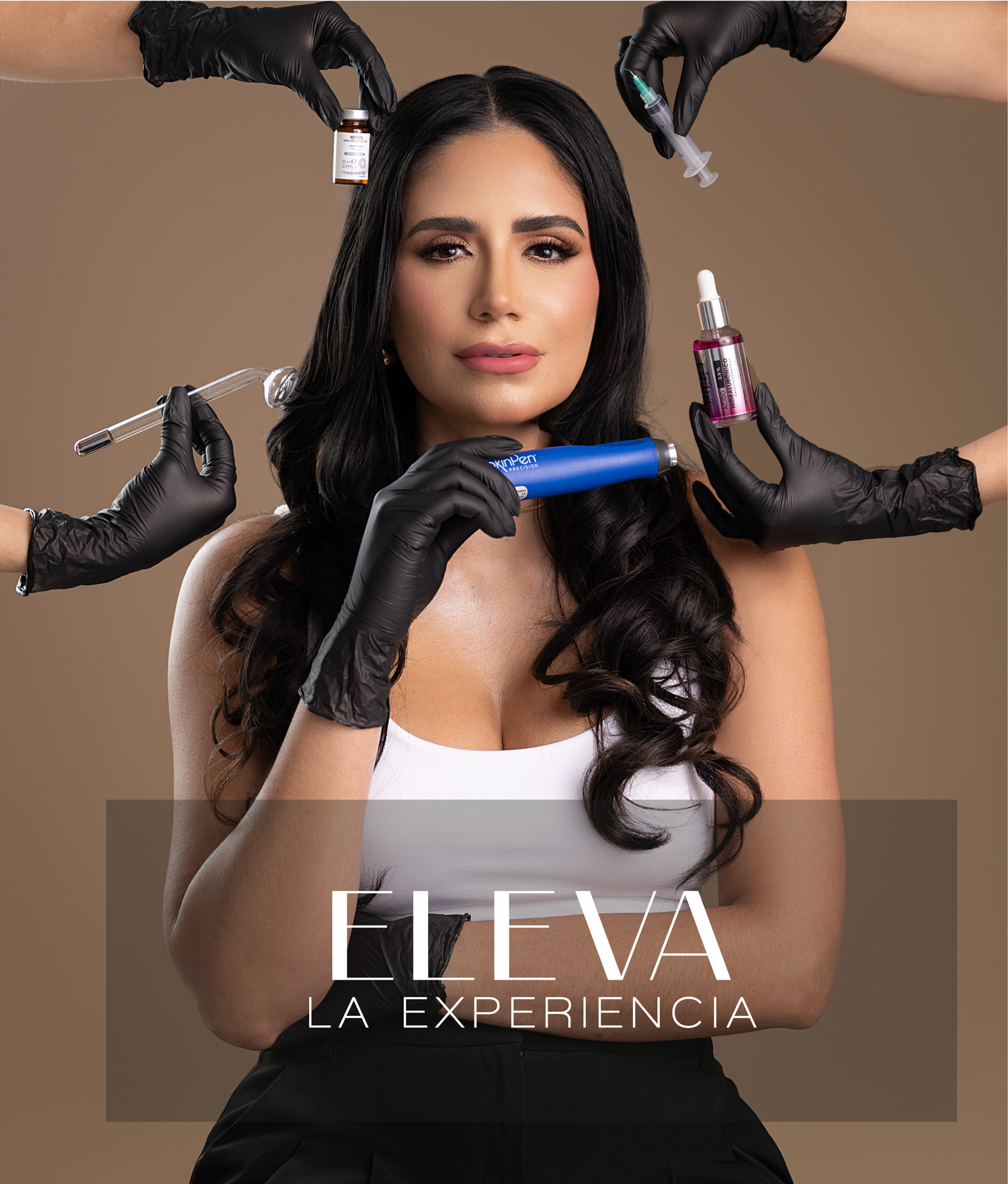 Woman surrounded by gloved hands holding beauty tools, promoting Eleva La Experiencia aesthetic treatments.