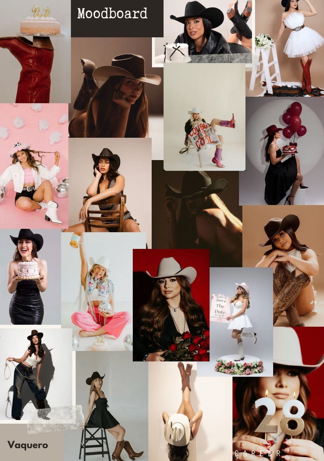 A western-themed moodboard collage featuring women in cowboy hats, styled in various outfits with roses, balloons, and vintage props.