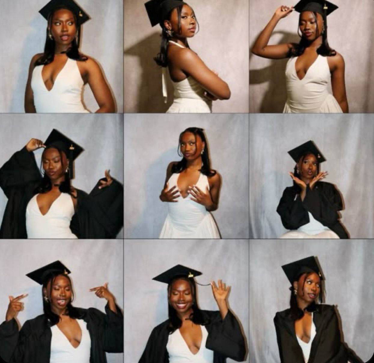 A collection of graduation portraits showing celebratory poses in caps and gowns against a light background.