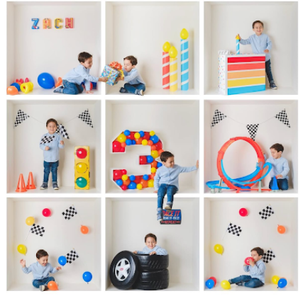 Creative racing-themed photo collage featuring colorful toys, tires, checkered flags, and number decorations against a white wall.