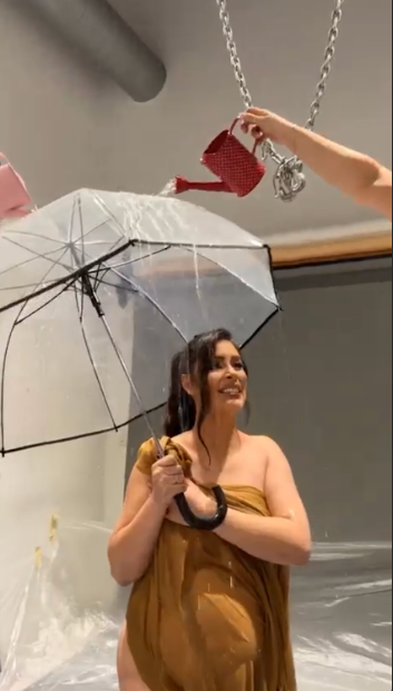 A person in a yellow dress playfully poses with a broken white umbrella in a sequence of indoor photos.