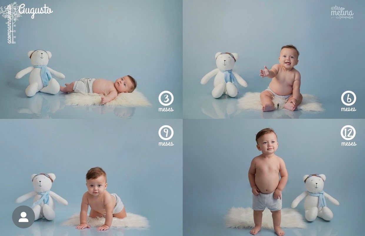 Four-photo collage of baby boy Augusto growing from newborn to 12 months, posed with white teddy bear on blue background.