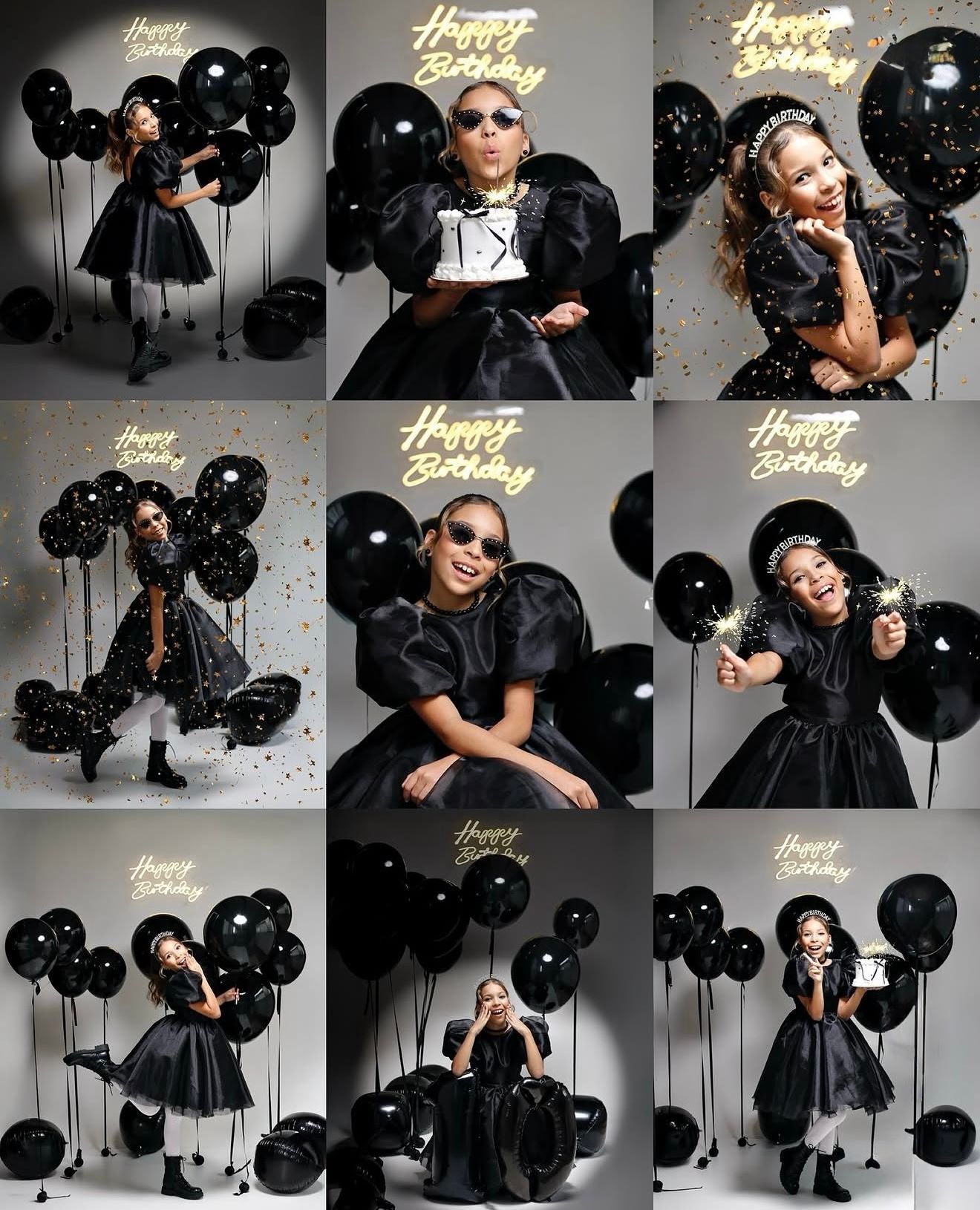 A young girl in a black dress poses with black balloons and Happy Birthday decorations in a stylish birthday photo collage.