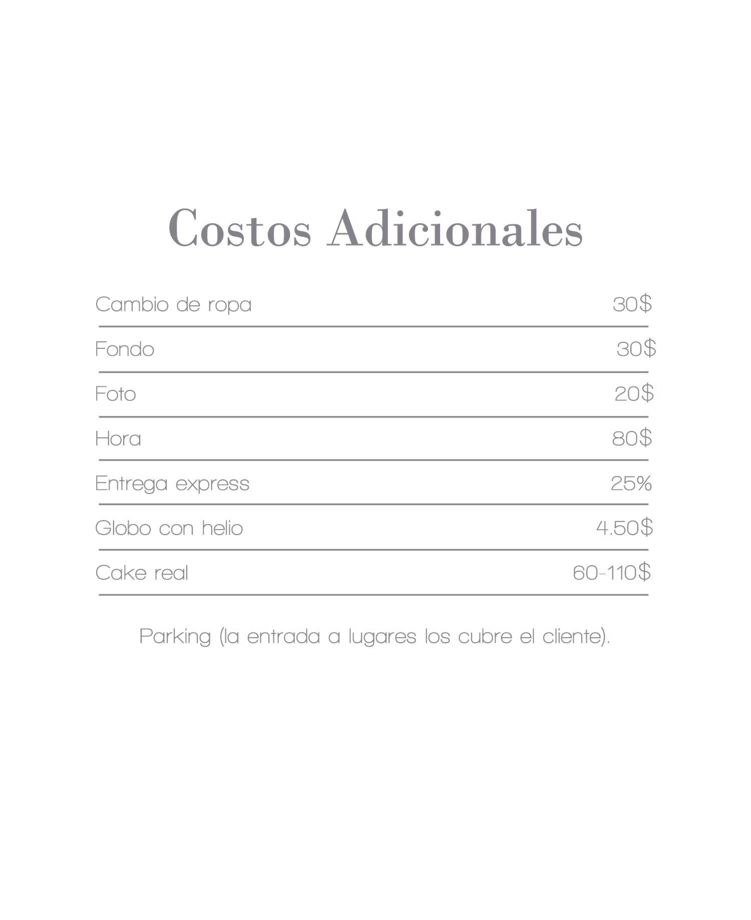 Price list in Spanish titled Costos Adicionales showing photography service fees including cambio de ropa, fondo, foto, and more.