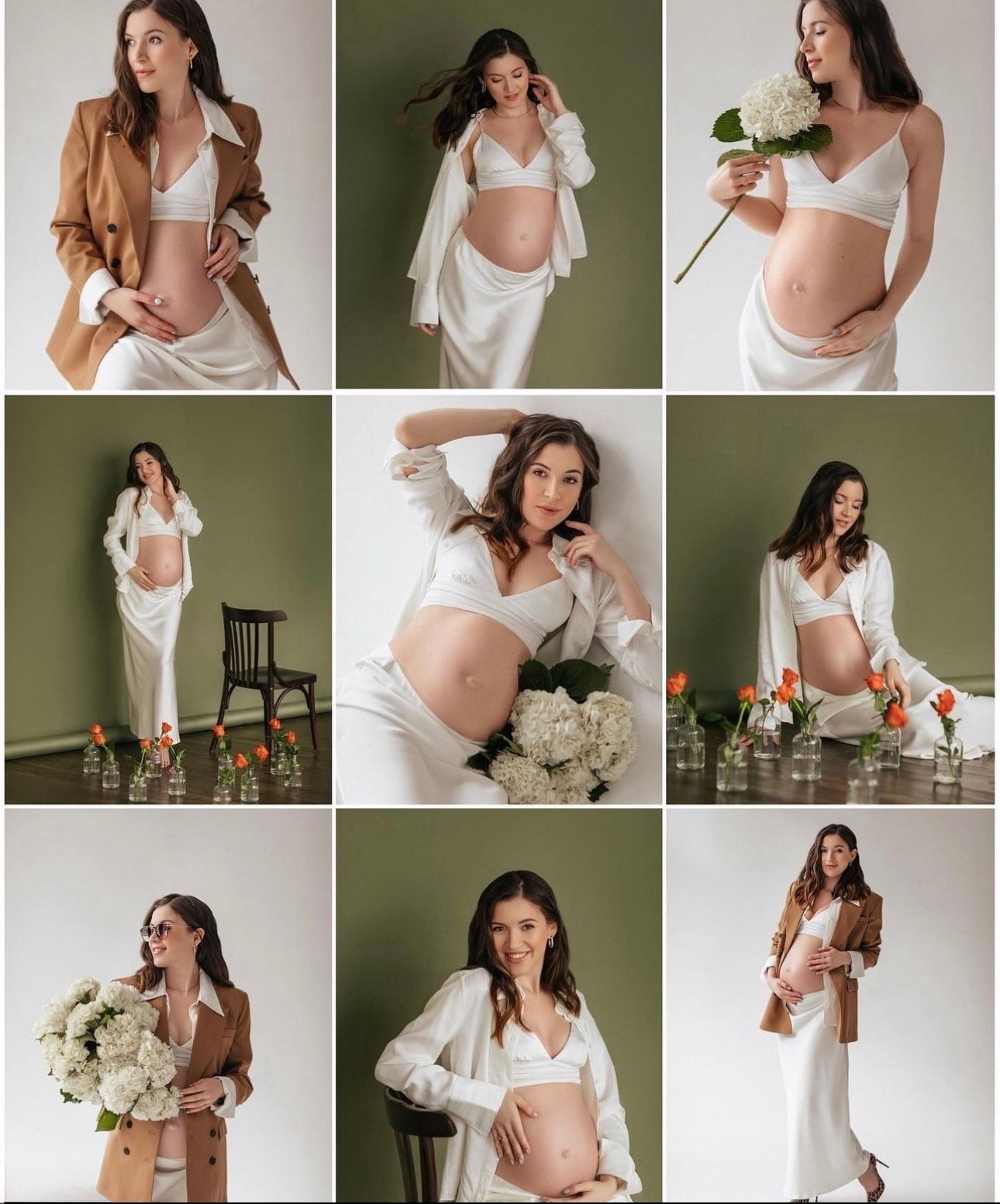 Elegant maternity photo collage featuring a brunette woman in white lingerie and brown blazer with floral accents.