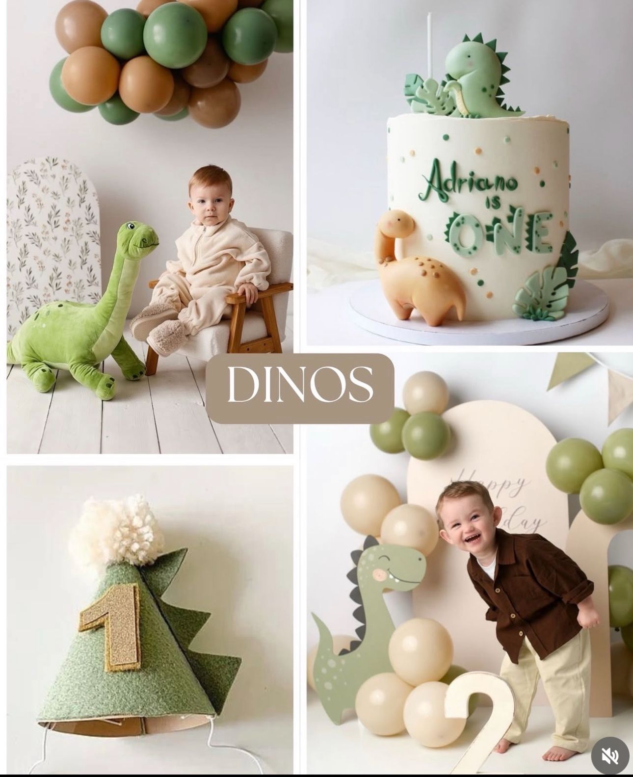 Dinosaur themed birthday party setup with green and white cake, balloons, and decorative elements in a modern minimalist style.