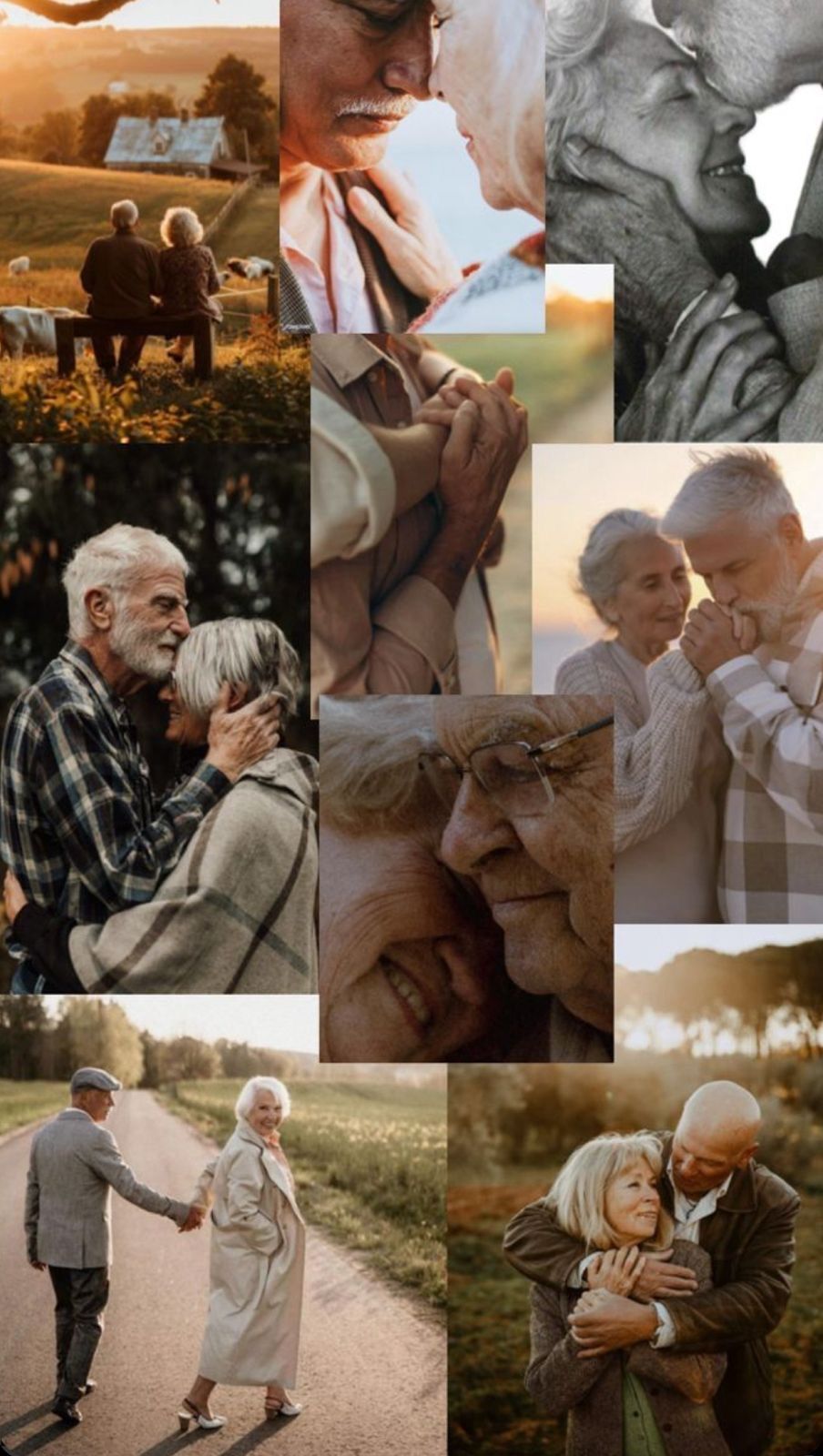 A heartwarming collage of elderly couples sharing tender moments, embracing, holding hands, and kissing in romantic outdoor settings.