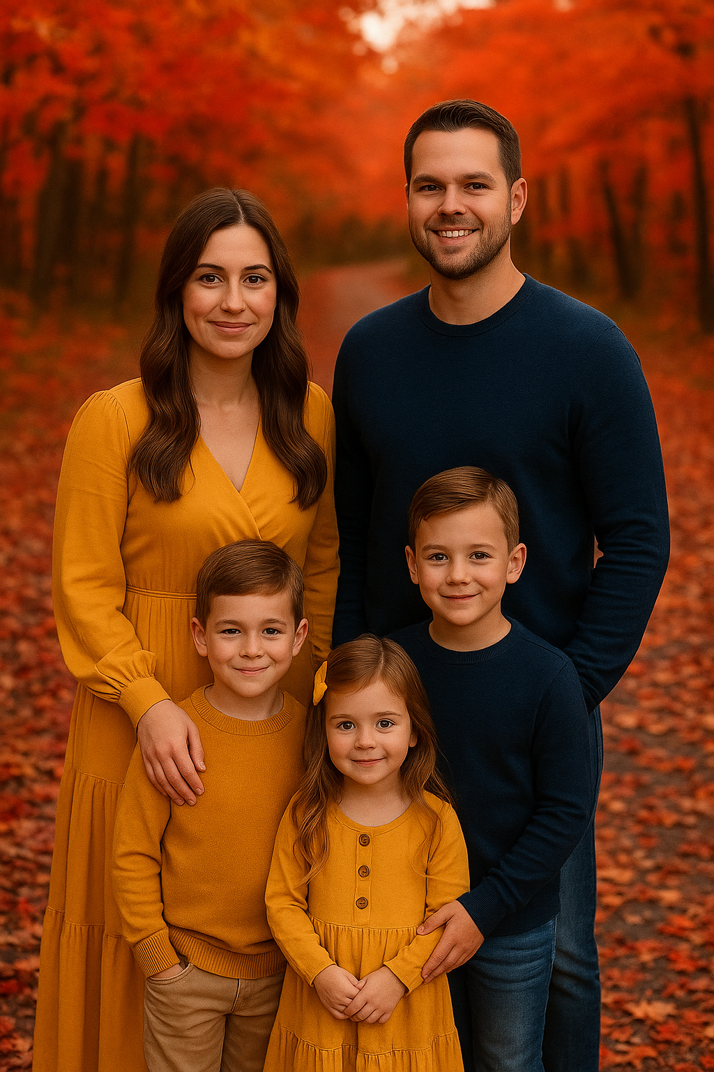 Family poses together in autumn scenery with vibrant orange leaves and coordinated yellow and navy outfits.