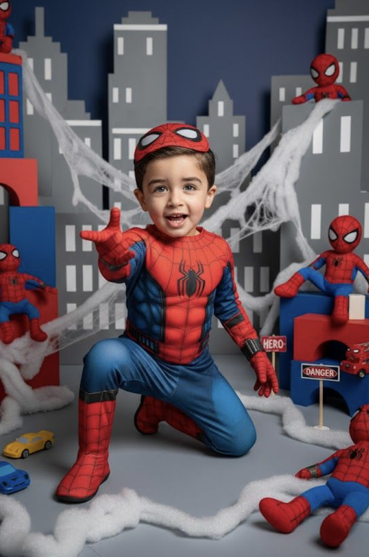 Young boy in Spiderman costume poses playfully with web decorations and cityscape backdrop.