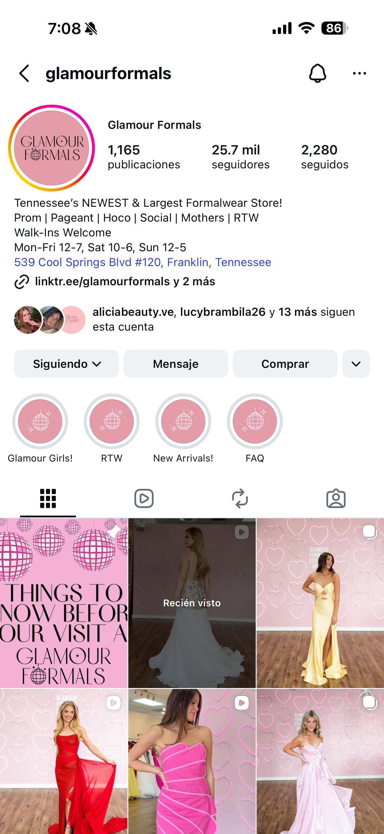 Instagram profile page for Glamour Formals, a Tennessee formalwear store with 25.7M followers, showing pink dresses and gowns.