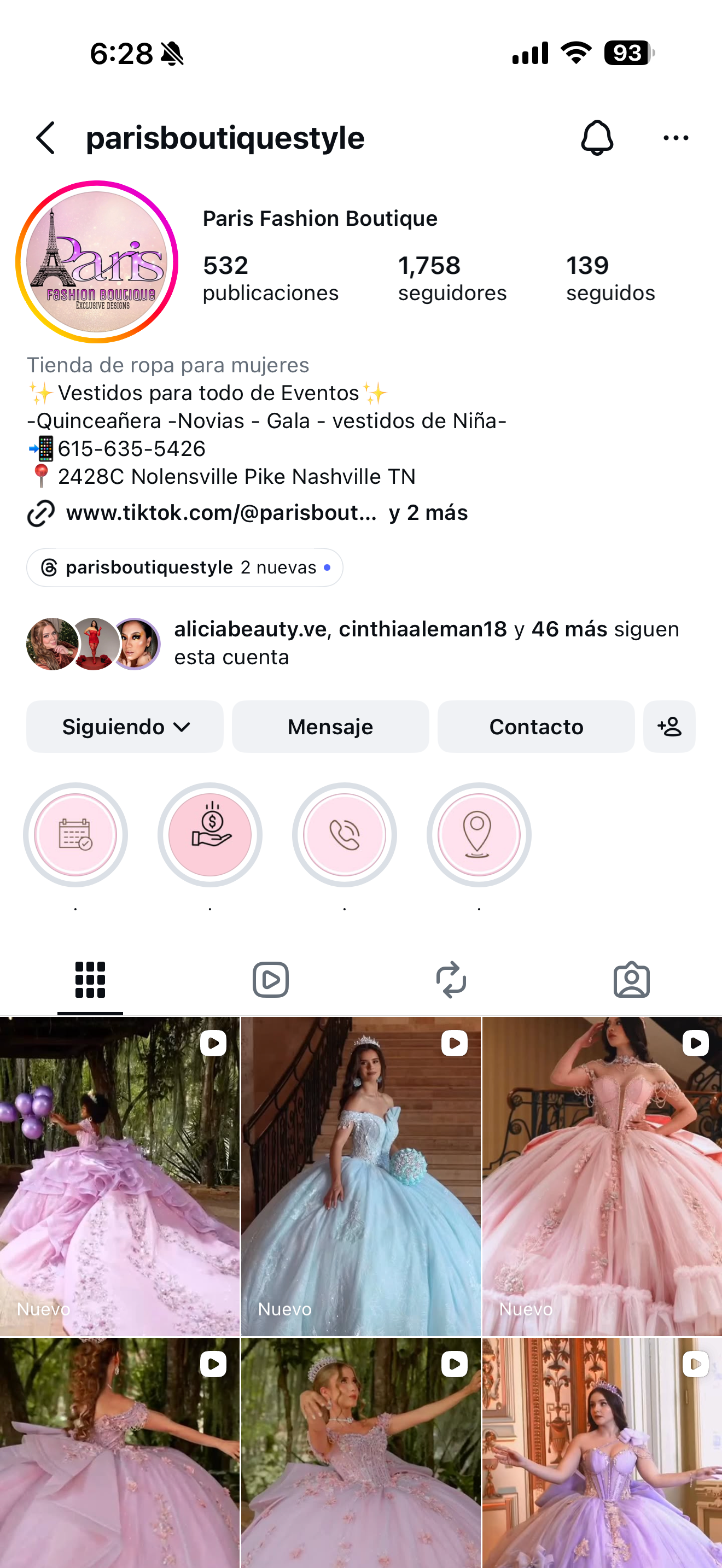 Instagram profile of Paris Fashion Boutique showing quinceañera and bridal gowns in pink and blue ball gown styles.