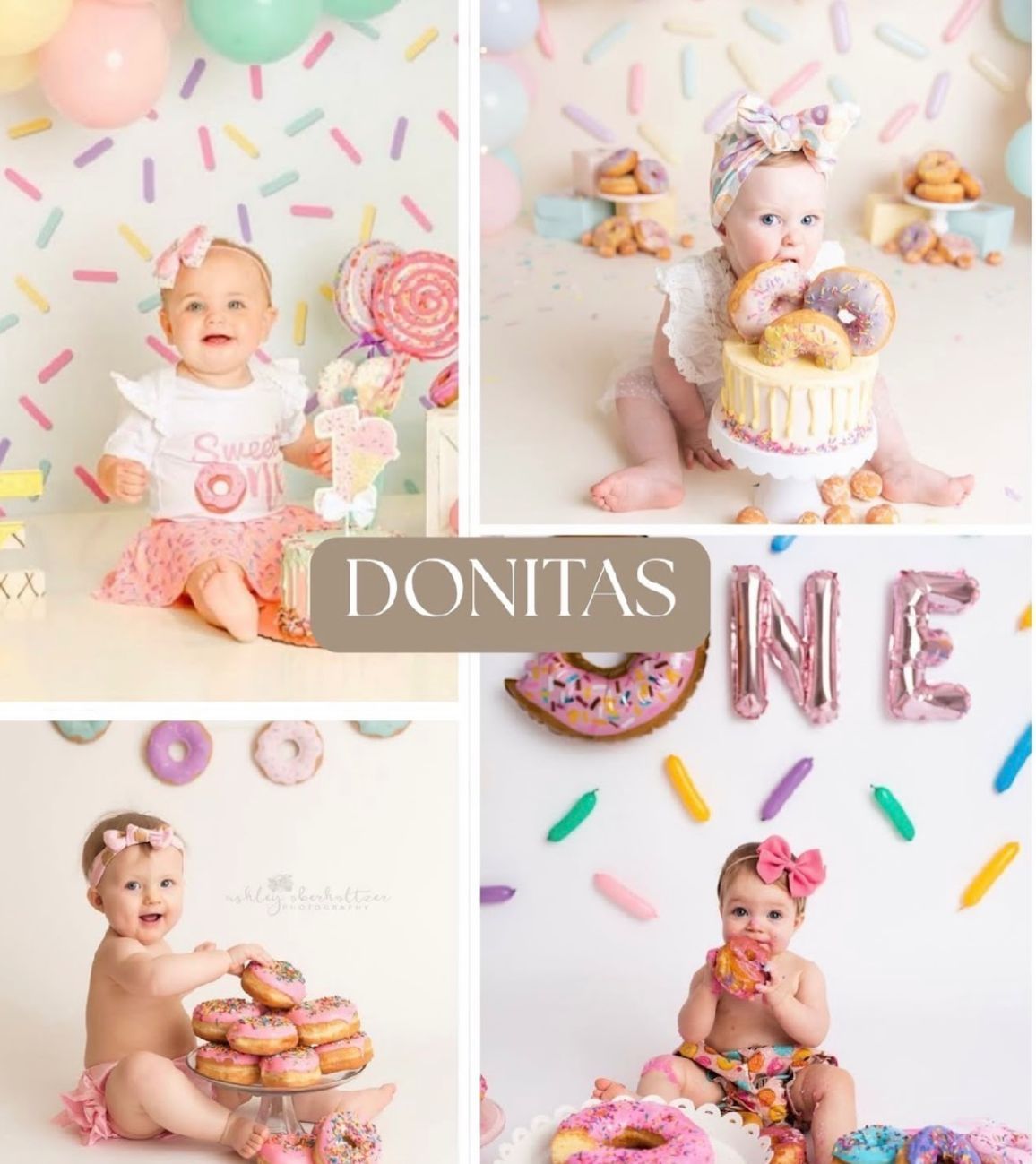 A donut-themed first birthday photo collage with pink and pastel decorations featuring balloons, sprinkles and sweet treats.