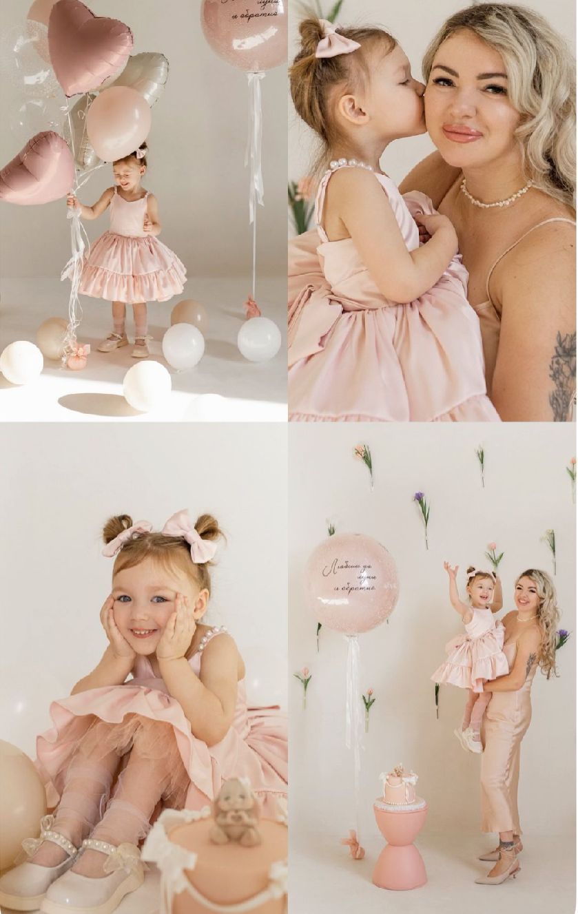 Soft pink and white birthday photo session featuring heart balloons, tulle dresses, and delicate floral decorations.