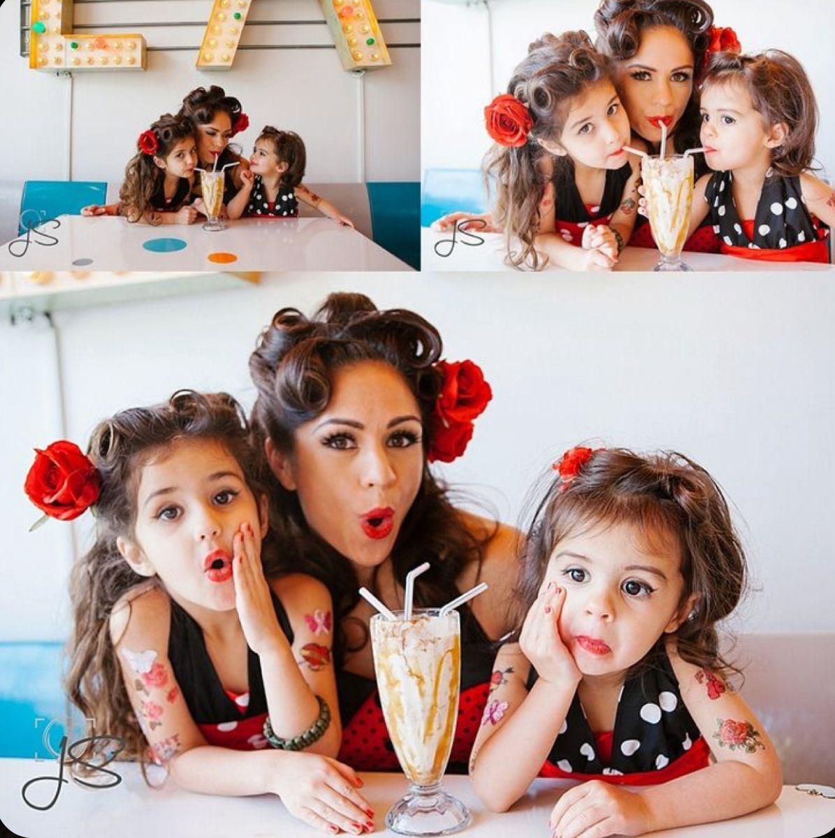 Retro-styled photo series featuring red floral accessories and polka dot styling in bright white settings.