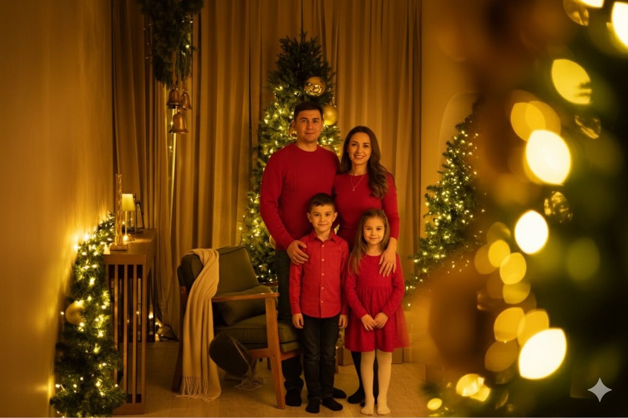 A family wearing matching red outfits poses together in front of a decorated Christmas tree with glowing lights and curtains.