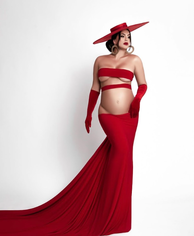 A flowing red evening gown with off-shoulder design is displayed in multiple views against a white background.