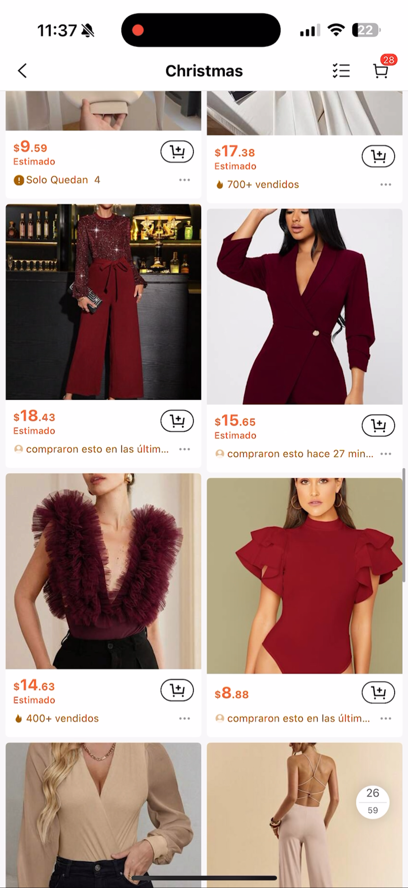 Shopping app interface displaying burgundy and wine colored clothing items and fashion accessories in a grid layout.