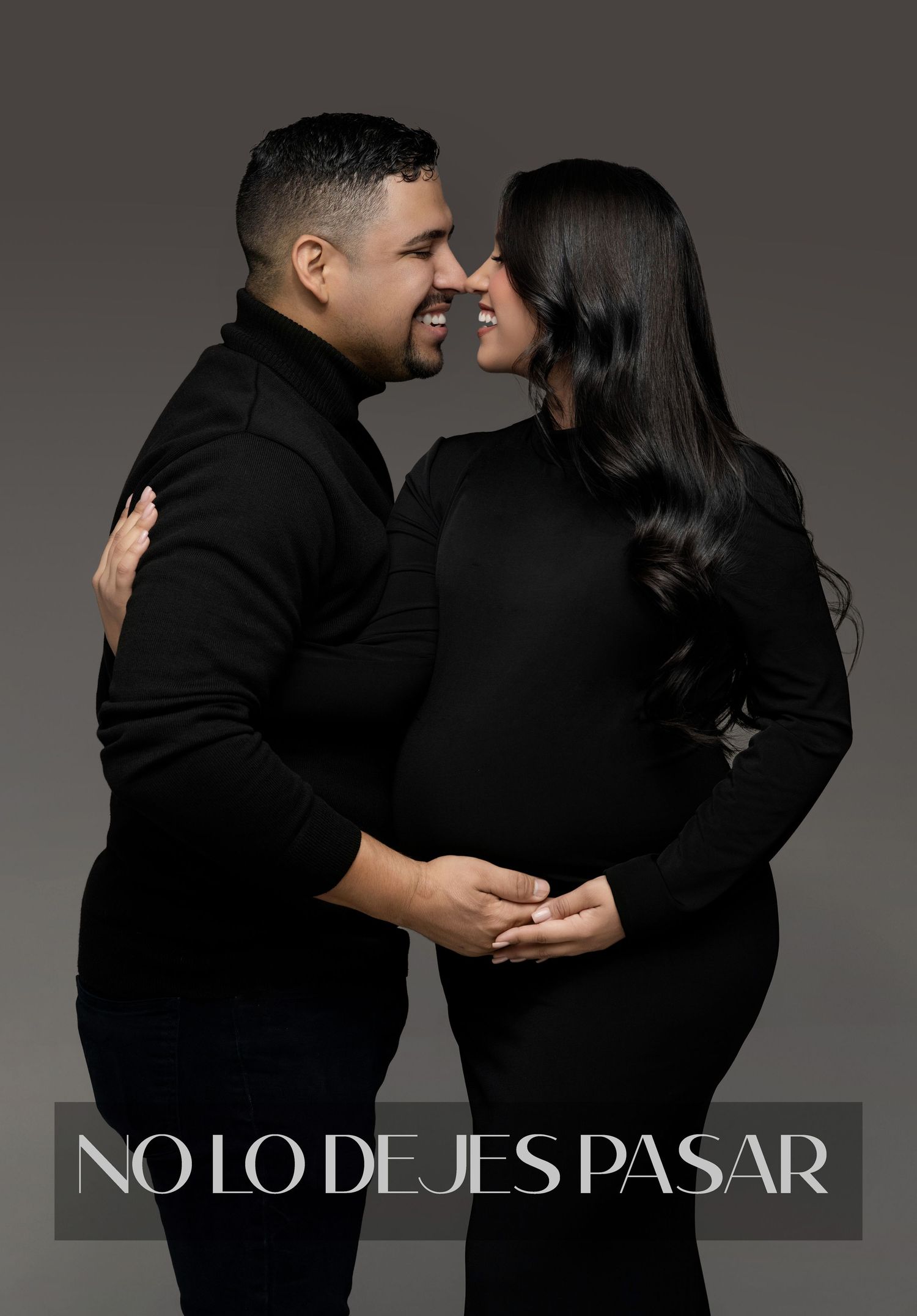 A couple in black outfits share an intimate moment in a series of romantic black and white studio photographs.