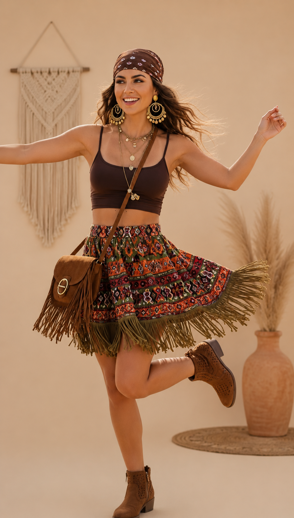 Boho festival outfit with fringe skirt, crop top, bandana, gold earrings, and brown ankle boots.