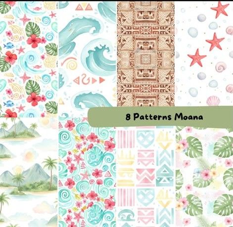 Eight colorful Moana-inspired seamless patterns featuring tropical flowers, ocean waves, tiki motifs, and Hawaiian elements.