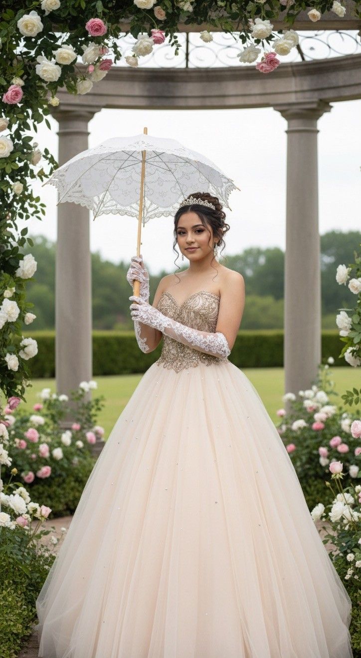 Young woman in blush ballgown holding lace parasol, wearing gloves, standing in rose garden gazebo.