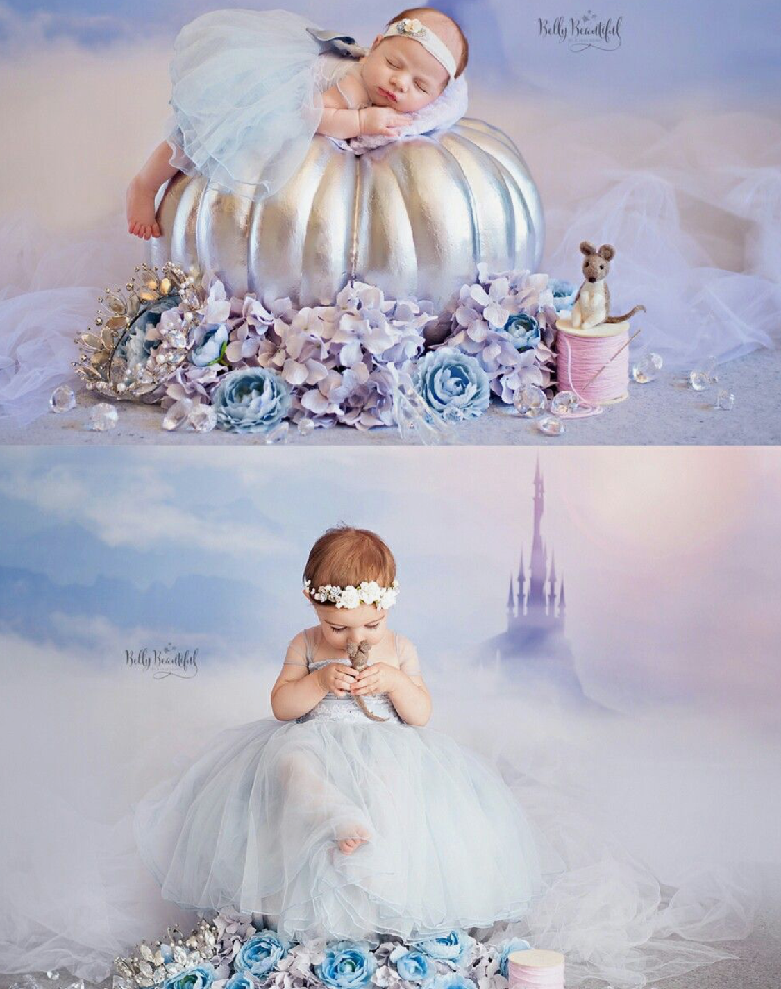 Two Cinderella-themed baby photos featuring a newborn on a silver pumpkin and a toddler in a blue tutu gown near a fairytale castle.