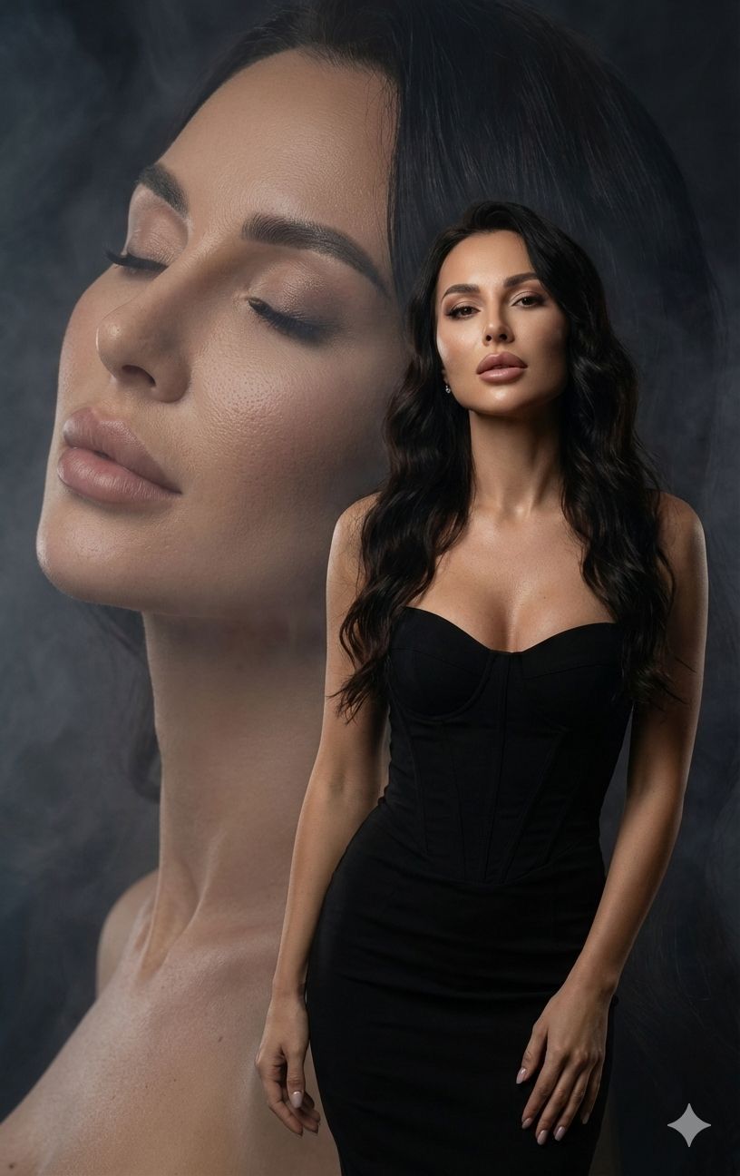 Woman in black dress poses before large portrait backdrop in elegant beauty photography shoot.