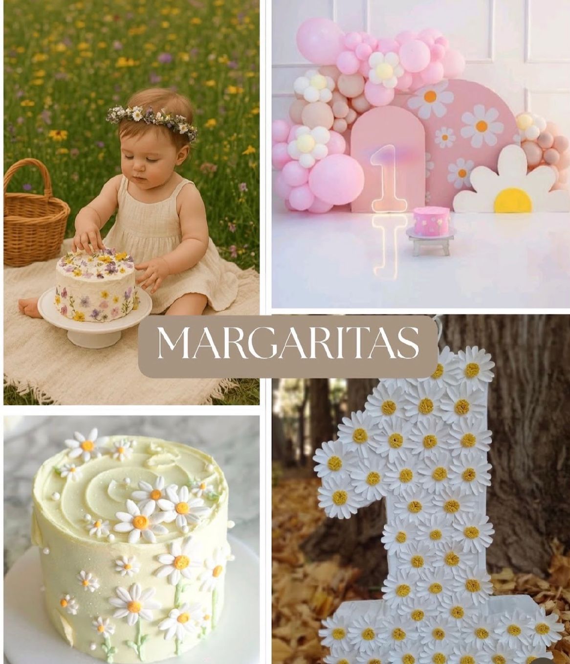 A daisy-themed first birthday party setup with floral cakes, outdoor picnic scene, and pink balloon decorations.