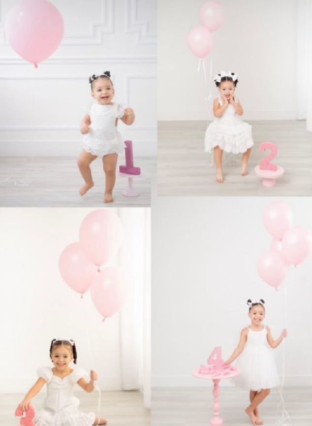 Four photo collage of milestone birthday portraits with pink balloons and numbers in a bright white studio setting.