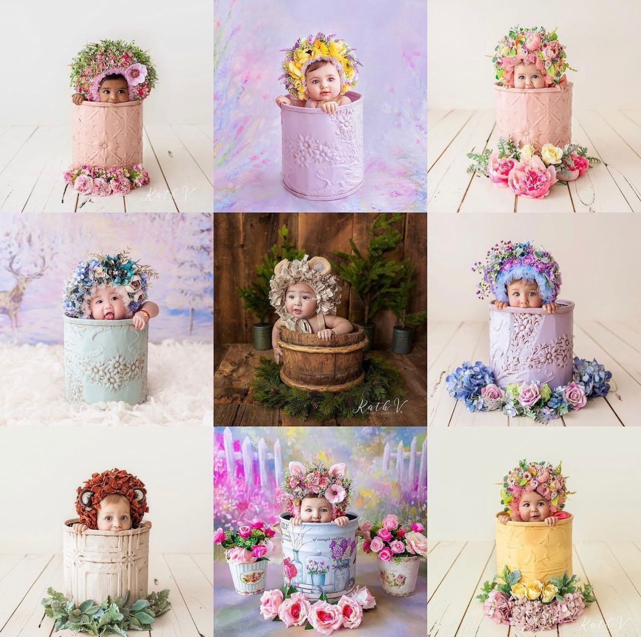 Collection of decorated cake photos featuring pastel colors and floral designs arranged in a grid pattern.