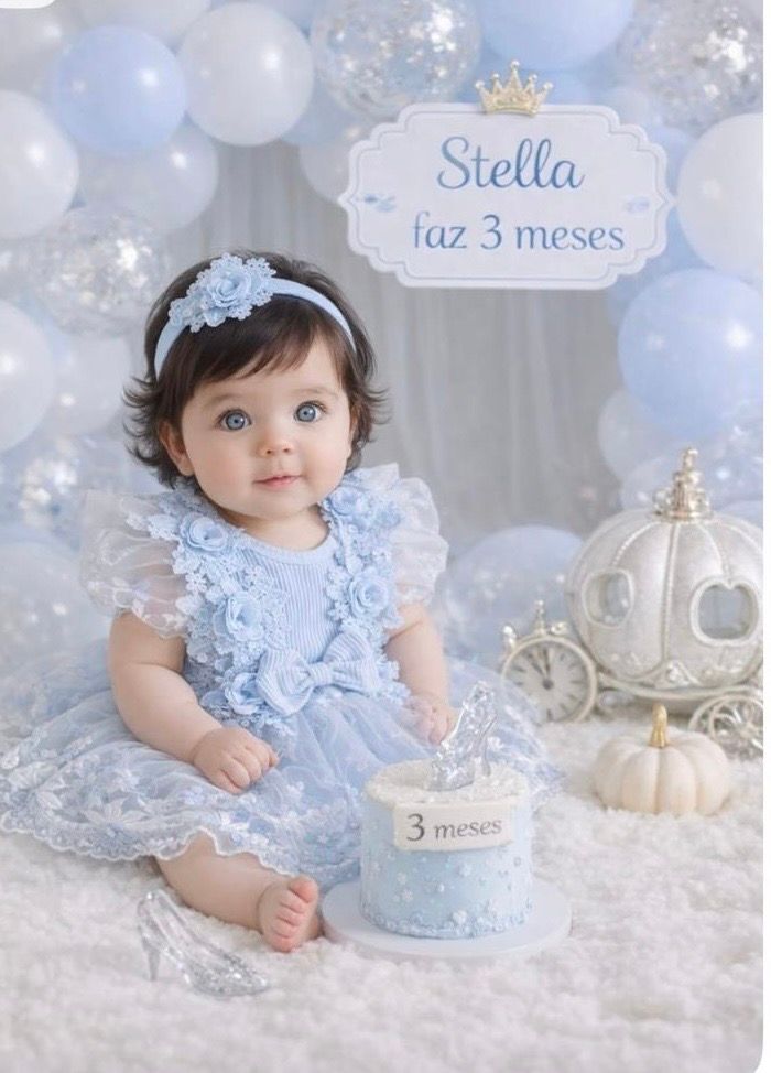 Baby Stella in blue lace dress celebrates 3 months with Cinderella-themed backdrop, balloons, and carriage decoration.