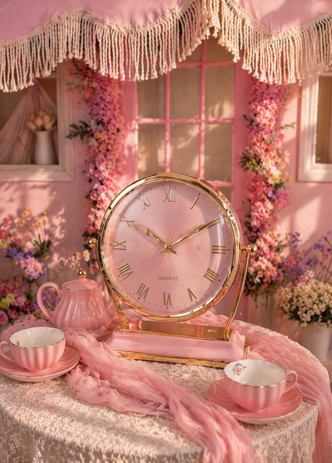 Pink quartz clock with gold Roman numerals on a lace table with pink tea set and floral backdrop.