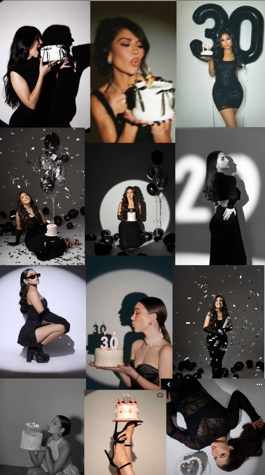 Collage of black and white 30th birthday photoshoot with woman in elegant black outfits, balloons, confetti, and cake.